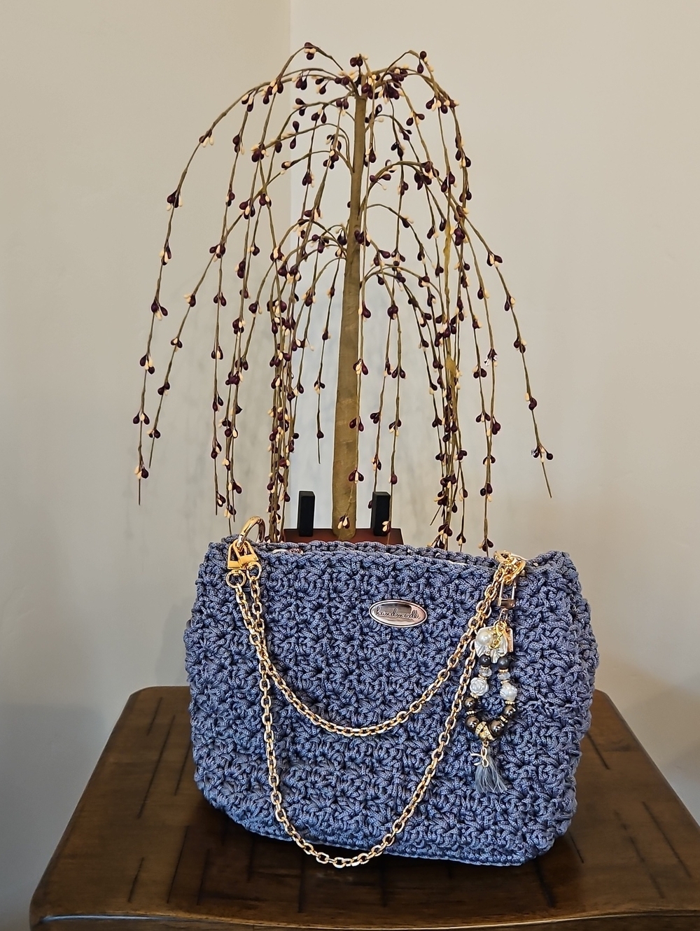 Hand Crocheted Gray Crochet Shoulder Bag with Gold Chain Accent